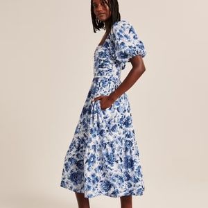 Blue Floral Puff Sleeve Poplin Midi Dress - Tall size